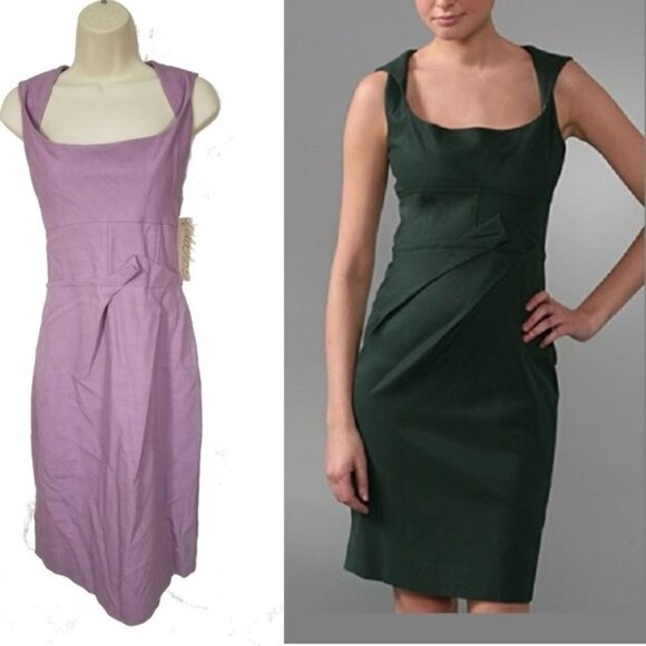New $1095 Lela Rose Twisted Sleeve Sheath Dress Lilac textured square neck Sz 8